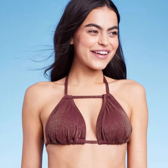 Wild Fable Size XS 0-2 Brown Lurex Shimmer Halter Triangle Bikini Swim Top - Picture 1 of 8